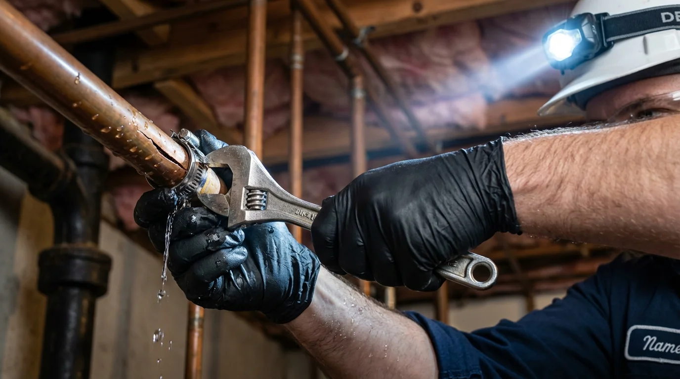 Emergency pipe clamp repair being performed by a Johns Plumbing LLC plumber in Ionia