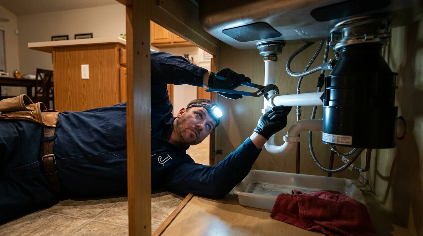 P-trap and supply line connections under a kitchen sink showing a common leak point in Ionia, MI